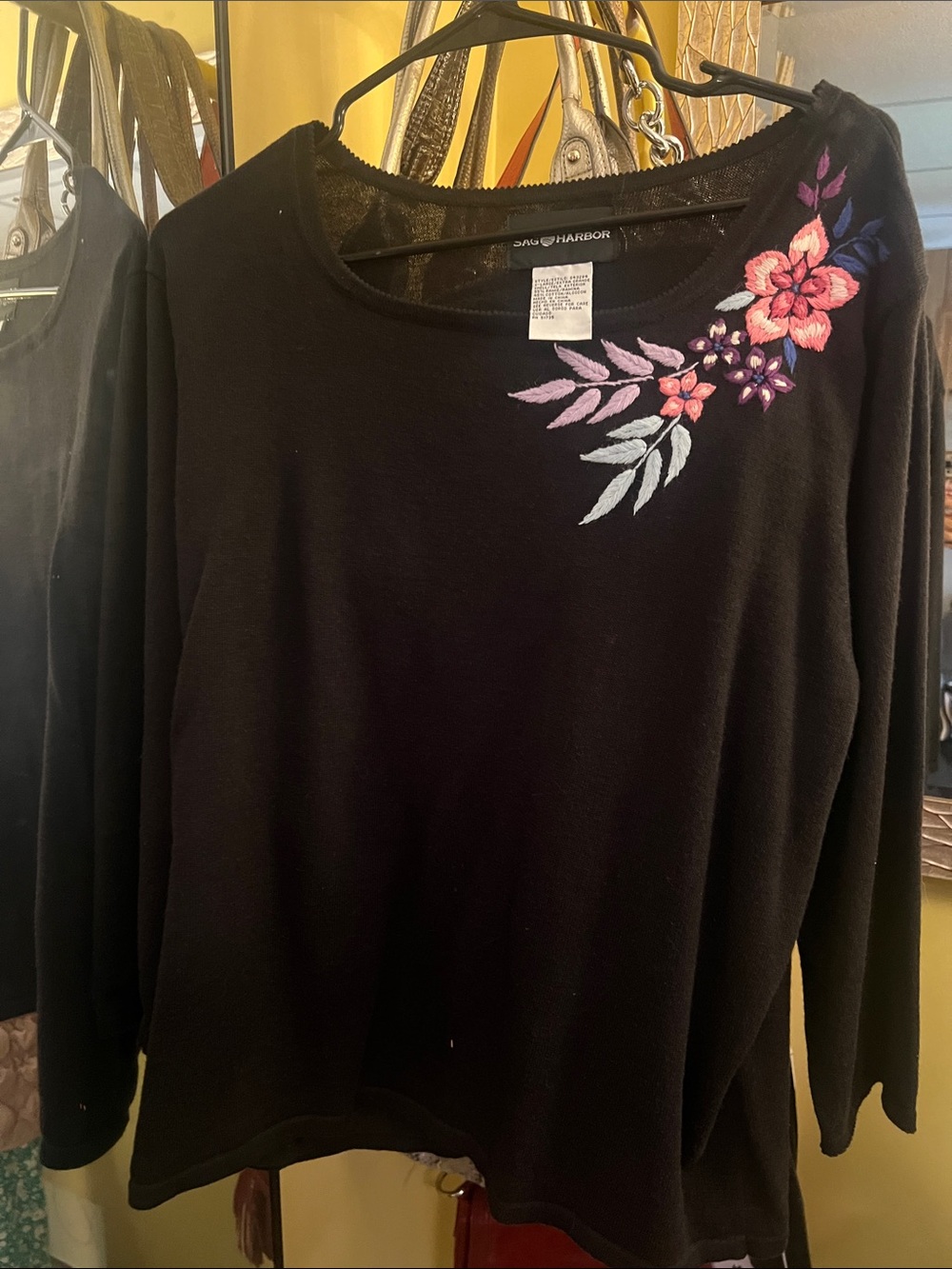Sag Harbor Black Long Sleeve Top with Pink & Purple Floral Embroidery